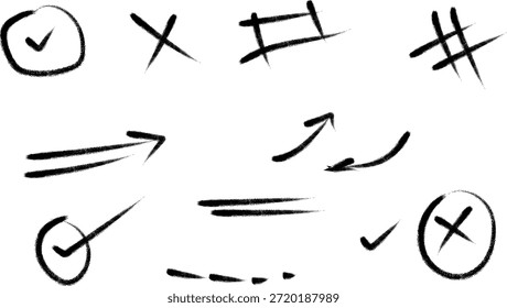 Um conjunto de símbolos desenhados à mão, incluindo marcas de seleção, setas e símbolos matemáticos em um fundo branco