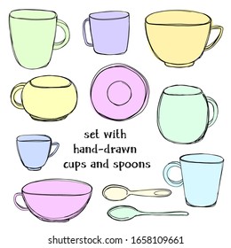 Set with hand-drawn tea cups, plates and spoons. Colorful vector illustration on white background.