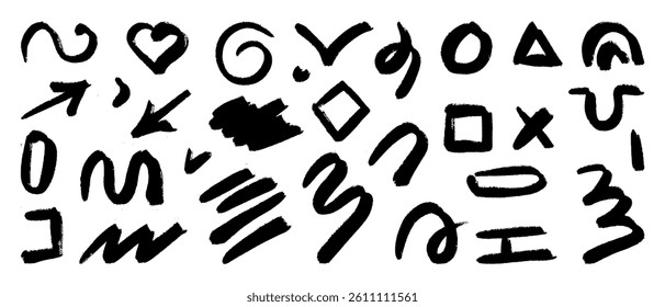 A set of hand-drawn textured abstract shapes and symbols, including hearts, arrows, geometric shapes and doodles made with black brush strokes on a white background.