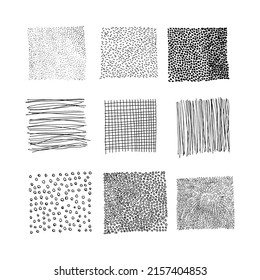 Set handdrawn textures and brushes. Vector hatching dots, line, grid, circles, lines, texture made ink. Collection geometric ink elements hipster design. Black grunge graphics capillary pen.