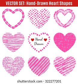 Set of hand-drawn textures heart shapes.  Vector illustration for romantic holiday design. Frame for Valentines Day. Pink heart isolated on white background.