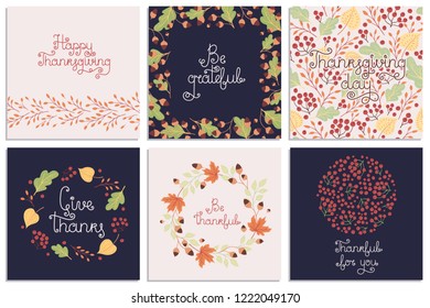 Set of hand-drawn Thanksgiving Day vector greeting cards with phrases and colorful autumn elements. Holiday wishes. All items can be used separately.