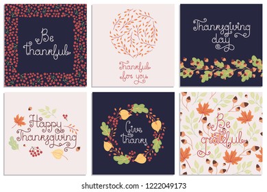 Set of hand-drawn Thanksgiving Day vector greeting cards with phrases and colorful autumn elements. Holiday wishes. All items can be used separately.