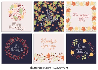 Set of hand-drawn Thanksgiving Day vector greeting cards with phrases and colorful autumn elements. Holiday wishes. All items can be used separately.