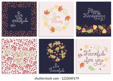 Set of hand-drawn Thanksgiving Day vector greeting cards with phrases and colorful autumn elements. Holiday wishes. All items can be used separately.