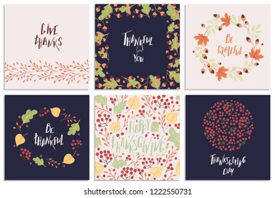 Set of hand-drawn Thanksgiving Day vector greeting cards with phrases and colorful autumn elements. Holiday wishes. All items can be used separately.