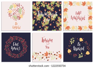 Set of hand-drawn Thanksgiving Day vector greeting cards with phrases and colorful autumn elements. Holiday wishes. All items can be used separately.