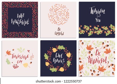 Set of hand-drawn Thanksgiving Day vector greeting cards with phrases and colorful autumn elements. Holiday wishes. All items can be used separately.