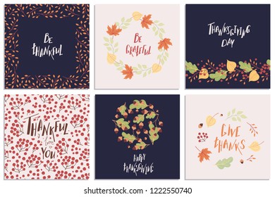 Set of hand-drawn Thanksgiving Day vector greeting cards with phrases and colorful autumn elements. Holiday wishes. All items can be used separately.