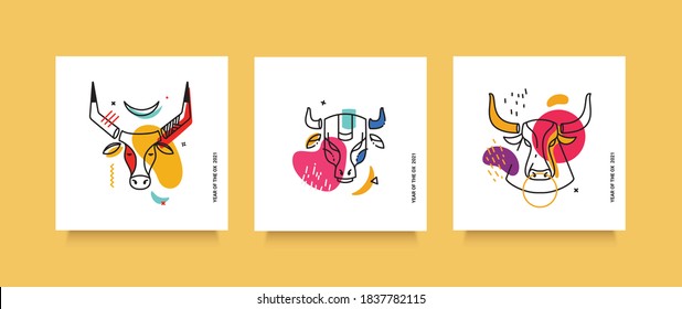 A set of hand-drawn thin line bulls. Modern trends in illustration. Social media cards.