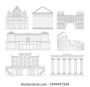 Set of hand-drawn thin line Rome buildings, vector illustration isolated.