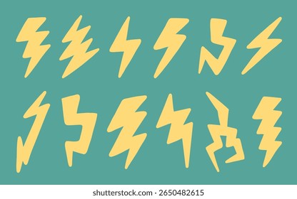 Set of hand-drawn thunder and lightning bolt icons. Collection of yellow thunder and electricity symbols. Simple cartoon doodle illustration of storm and power flashes