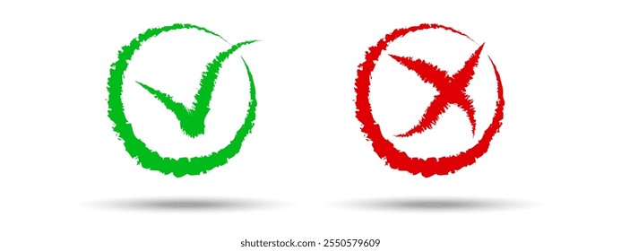 Ein Satz handgezeichneter Teilstriche und Kreuze. Das richtige und falsche Symbol. Vektorgrafik. Einzeln JA- und NEIN-Zeichen auf weißem Hintergrund
