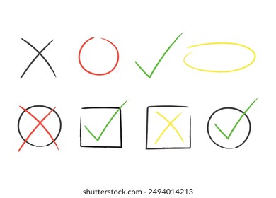 Set of hand-drawn ticks and marks. Approve, reject, circle, square doodles. Selection, check, cross.