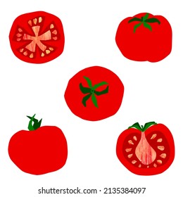 Set of hand-drawn tomatoes in cutout style. Whole, half tomatoes, top, side view tomatoes. Trendy, modern, simple, childish. Label, package, flyer design