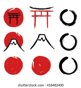 Set of hand-drawn traditional Japanese symbols. Red circles, Torii gate, Enso Zen circles, mount Fuji calligraphy. Vector illustration.