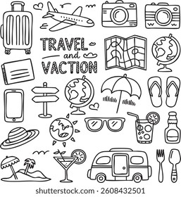 A Set Of Hand-Drawn Travel Doodle Collection. Travel Doodle World Exploration Icons