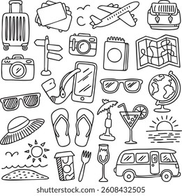 A Set Of Hand-Drawn Travel Doodle Collection. Travel Doodle World Exploration Icons
