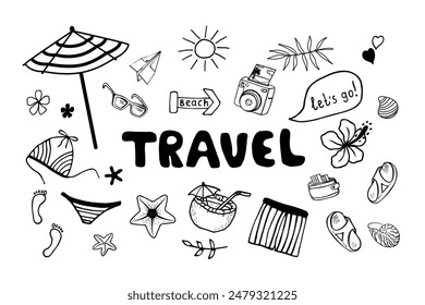 A set of hand-drawn travel doodles. Vector illustration, isolated objects on a white background. A tourist and summer sketch with travel elements: bikinis, sunglasses, camera, cocktail, beach umbrella