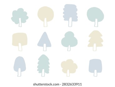 Set of hand-drawn tree illustrations in various shapes (green, yellow, blue-gray)
