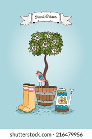 Set of hand-drawn tree in a pot with bird, watering can and rubber boots