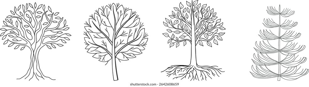 Set of hand-drawn tree sketches in black and white with organic details, ideal for nature themes, forest education materials, eco posters, botanical artwork, and landscape illustrations.
