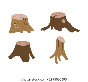 Set of hand-drawn tree stumps. Trendy pretty illustrations. Flat organic style. Isolated on white background.