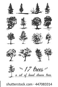 Set Handdrawn Trees Blackandwhite Silhouettes Trees Stock Vector Royalty Free