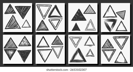 Un conjunto de triángulos dibujados a mano una Ilustración vectorial de estilo de boceto de pincel y doodle
