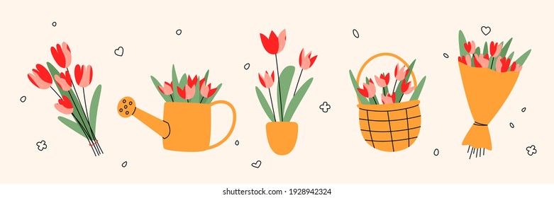 Set of hand-drawn tulips. Cute isolated illustration of flower on a light background. Trendy abstract aesthetic theme. Flat style for your design, package, poster, decoration