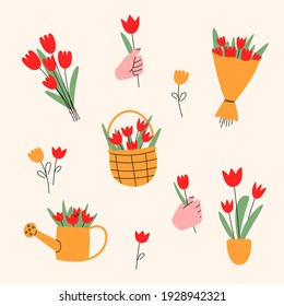 Set of hand-drawn tulips. Trendy abstract aesthetic theme. Flat style for your design, package, poster, dec. Isolated bouquet of tulips, flower in hand on a light background.