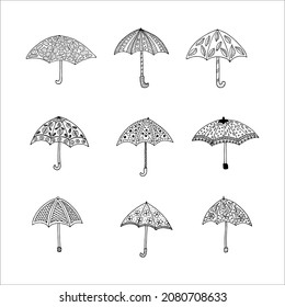 set of hand-drawn umbrellas in the doodle style