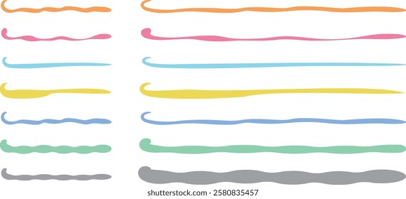 Set of hand-drawn underline illustrations in colorful colors for decoration. Vector illustration isolated on a transparent background.