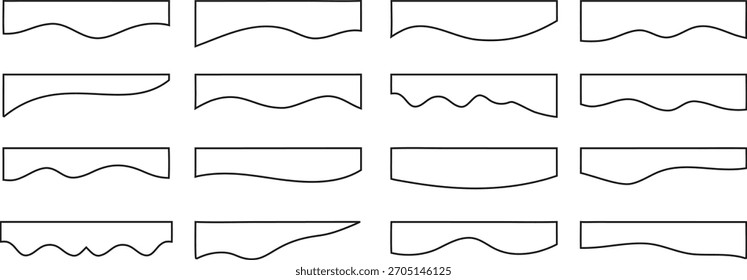 Satz handgezeichneter Unterstreichungsvarianten mit wellenförmigen, gekrümmten und geraden Markierungsstrichen. Minimale dekorative Linien im Skizzenstil, ideal für die Hervorhebung von Text, Grafikdesign und kreativen Layouts.