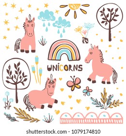 Set of hand-drawn unicorns. Simple vector illustration with cartoon elements for wallpaper, scrapbooking, wrapping paper, textile, surface design