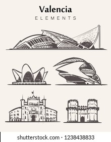 Set of hand-drawn Valencia buildings.Valencia elements sketch vector illustration.City of the Arts and Sciences, Gates Of Serranos, Plaza de Toros.