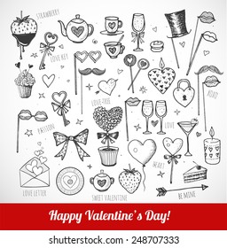 Set of hand-drawn Valentine's Day elements in sketchy style on white background. Vector sketch illustration.