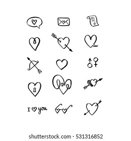 Set of hand-drawn Valentine's day icons. Vector art.