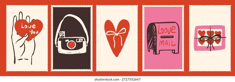Conjunto de ilustraciones de sellos postales de San Valentín dibujadas a mano con corazones, una cámara y un buzón. Garabatos de vacaciones románticas para tarjetas y decoración festiva.