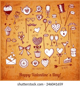 Set of hand-drawn Valentine's Day symbols in sketchy style.