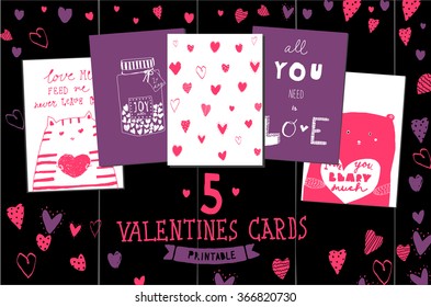 Set of hand-drawn valentines postcard print with hearts lettering letters pink. Design elements. Doodle hand drawn style illustration for greeting card, t-shirts and bags print, scrapbooking
