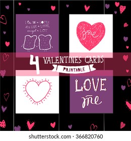 Set of hand-drawn valentines postcard print with hearts lettering letters pink. Design elements. Doodle hand drawn style illustration for greeting card, t-shirts and bags print, scrapbooking