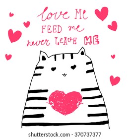 Set of hand-drawn valentines postcard print with hearts lettering letters pink. Design elements. Doodle hand drawn style illustration for greeting card, t-shirts and bags print, scrap-booking