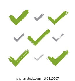 Set of hand-drawn validation icons scanned and vectorized, collection of brush drawing green ecology checkmarks, hand-painted eco navigation symbols isolated on white background.