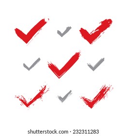 Set of hand-drawn validation icons scanned and vectorized, collection of brush drawing red checkmarks, hand-painted navigation symbols isolated on white background.
