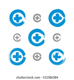 Set of hand-drawn validation icons scanned and vectorized, collection of brush drawing plus signs, hand-painted maximize symbols isolated on white background.