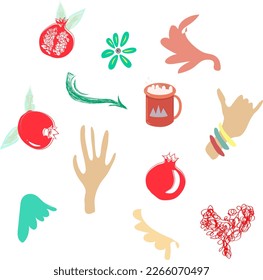 
Handgezeichnet verschiedene Figuren und Doodles. Abstrakte moderne, trendige Vektorgrafik. Hände und Früchte. Alle Elemente sind isoliert.
