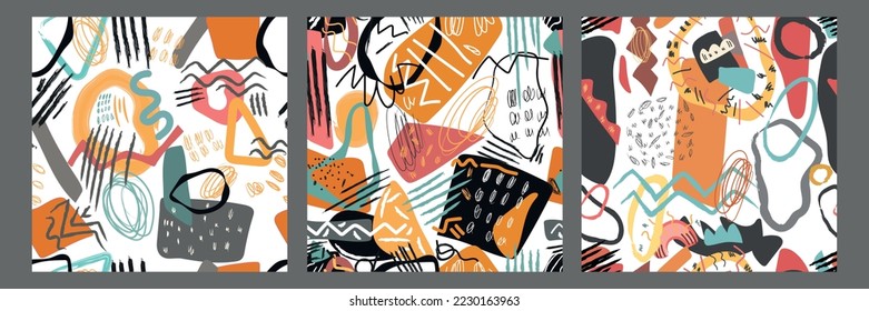 Un conjunto de formas y puntos, puntos y líneas dibujados a mano. Diferentes colores. Resumen del fondo moderno y sin costuras. Ilustración moderna de patchwork en vector.