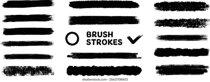 A set of hand-drawn, variously styled straight lines. Vector illustration isolated on a transparent background.