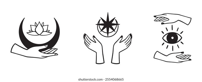 Set of hand-drawn vector art with the mystical, spiritual concept. Outline hands with symbols of magical eye, crescent, lotus flower. Minimalist line illustrations for logo, tarot, social media. 